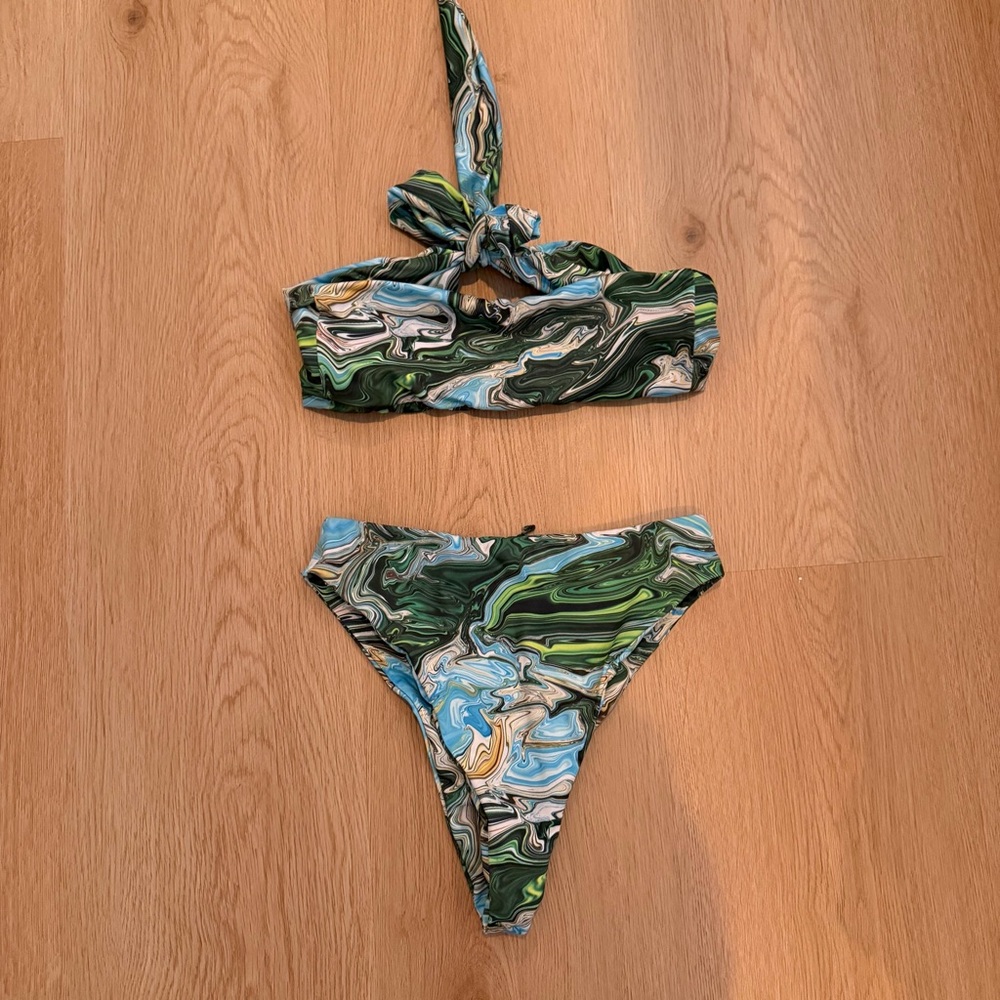 Monday Swimwear Blue Green Swirl Strapless High Waist Bikini Size Medium